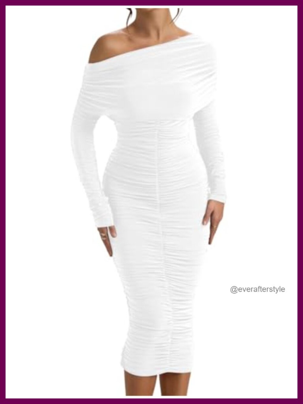 Women's Off Shoulder Long Sleeve Ruched Midi Bodycon Dress Stretch Double